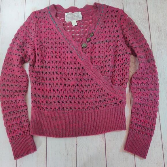 Anthropologie Nick & Mo crochet faux wrap V-neck sweater sz S - Picture 3 of 7